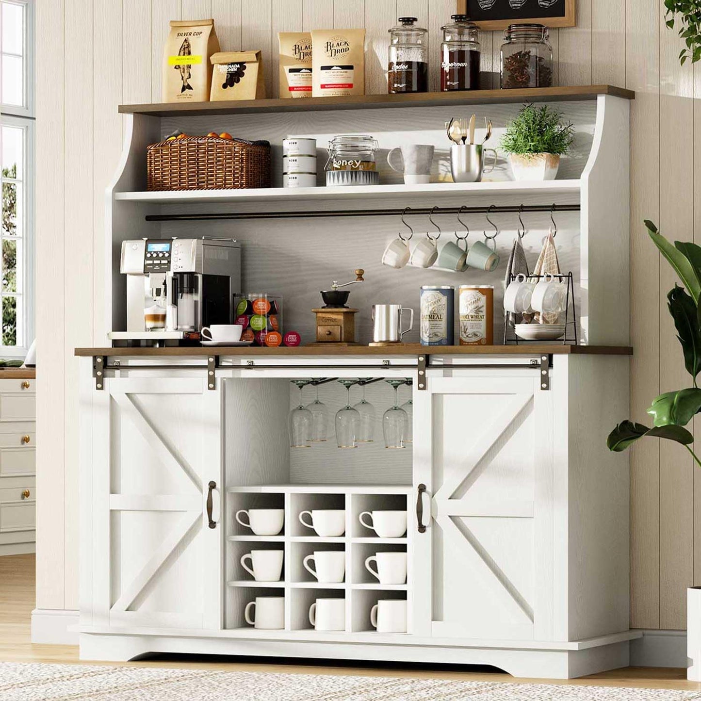 47 Inch Farmhouse Coffee Bar Cabinet with 3-Tier Storage, Kitchen Hutch with 9 Wine Racks & 3 Glass Holders, Coffee Bar with 6 Hooks, Wine Bar Cabinet for Dining Living Room, White