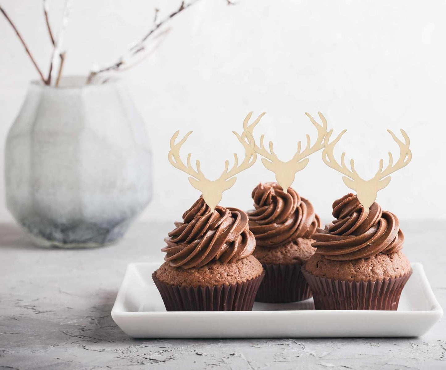 Wooden Deer Cupcake Toppers Antler Cake Picks Wedding Baby Shower Birthday Hunting Rustic Country Party Cake Decoration Supplies 24 Counts