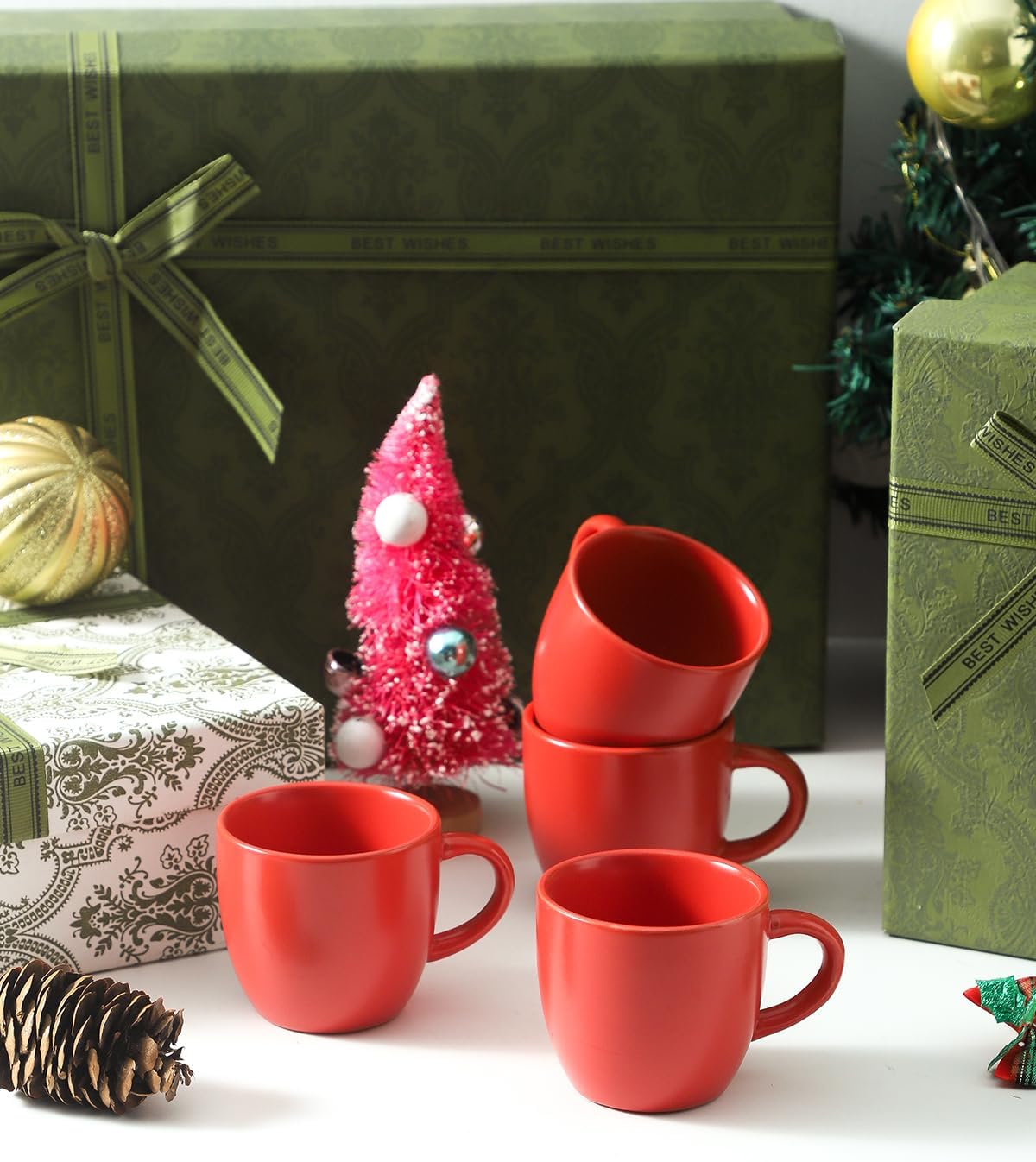 Hasense Ceramic 3 OZ Espresso Cups, Porcelain Espresso Demitasse Cups Set of 4 for Double shot, Lungo and Ristretto, Tiny Italian Expresso Shot Coffee Mugs for Home and Office, Red