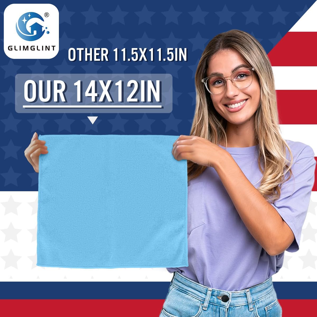 GLIMGLINT Blue Microfiber Cleaning Cloth, 150 Pack Microfiber Towels for Cars, Lint Free, Scratch-Free, Highly Absorbent, Reusable Cleaning Rags for Car, Household, Shop Towels 14"X12"