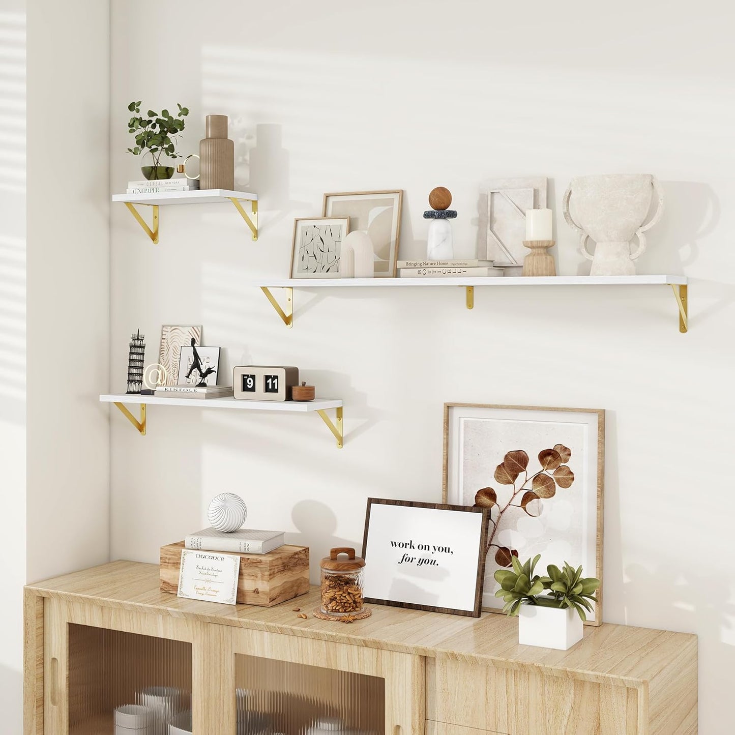 Dreamland Deep Floating Shelves for Wall, 16W x 8D Wall Mounted Shelves Set of 2, Floating Shelves Bedroom with Sturdy Metal Brackets for Living Room, Bathroom and Kitchen, White with Gold Brackets