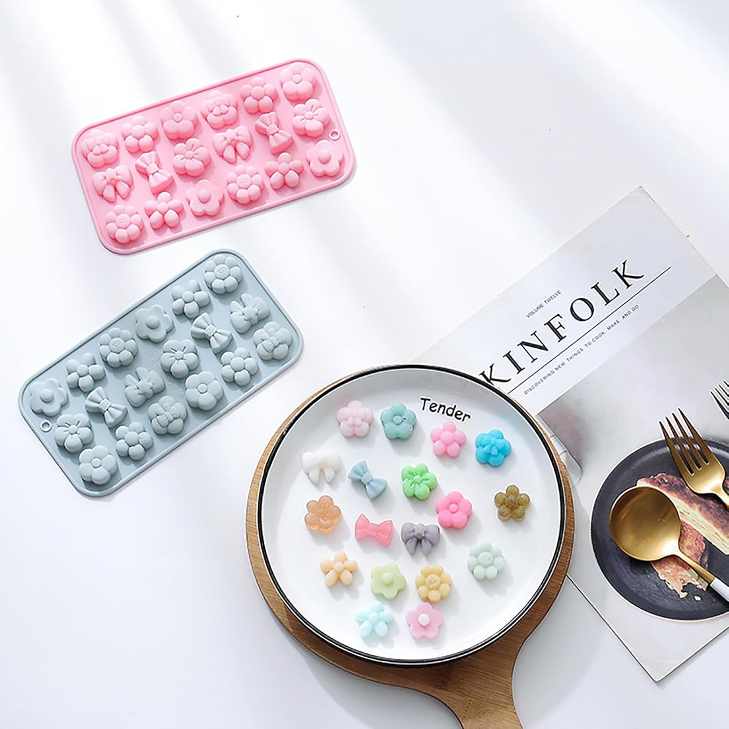 2 Pcs Flowers Silicone Chocolate Molds, 18-Cavity Different Flowers Bow Shape Molds Trays for Candy Chocolate Gummies Baking Jello Ice Cube Pudding Soap Cookie Desserts Making