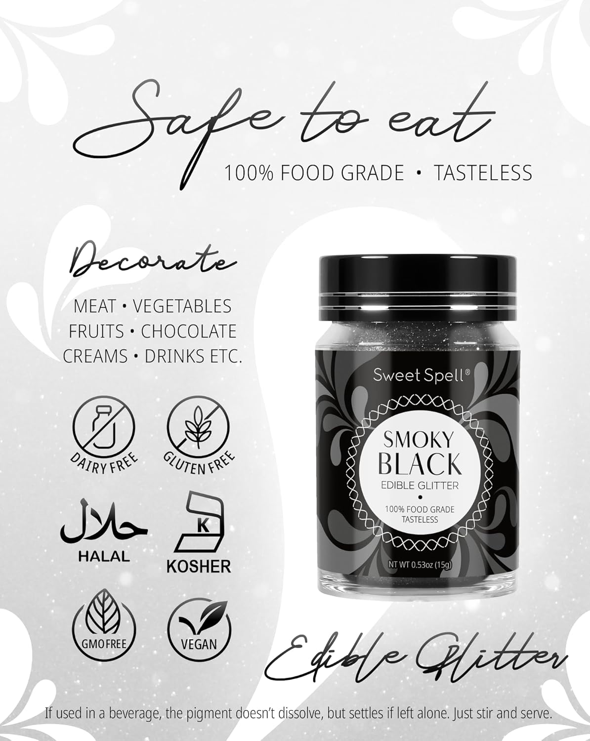 Sweet Spell Edible Glitter (15g) - Shimmer Sparkles for Drinks, Cakes, Cocktails - 100% Edible & Food Grade Glitter, Vegan, Gluten-Free (Black)