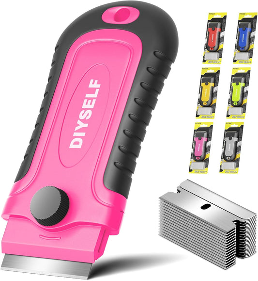 DIYSELF 1 Pack Razor Blade Scraper with 15 Extra Blades, Scraper Tool for Cleaning Window, Paint, Cooktop, Oven, Glass Stove Top Scraper, Razor Scraper with Buit-In Blade Storage (Pink)