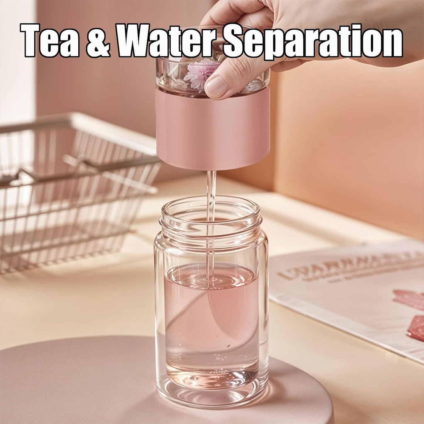 Tryteava Glass Infuser, Tryteava 3-in-1 Smart Tea Infuser, Portable Glass Double Wall Tea Infusers Bottle, with Stainless Steel Filter, Hot & Cold Brew, For Loose Leaf, Office Home (Black, 280ml)