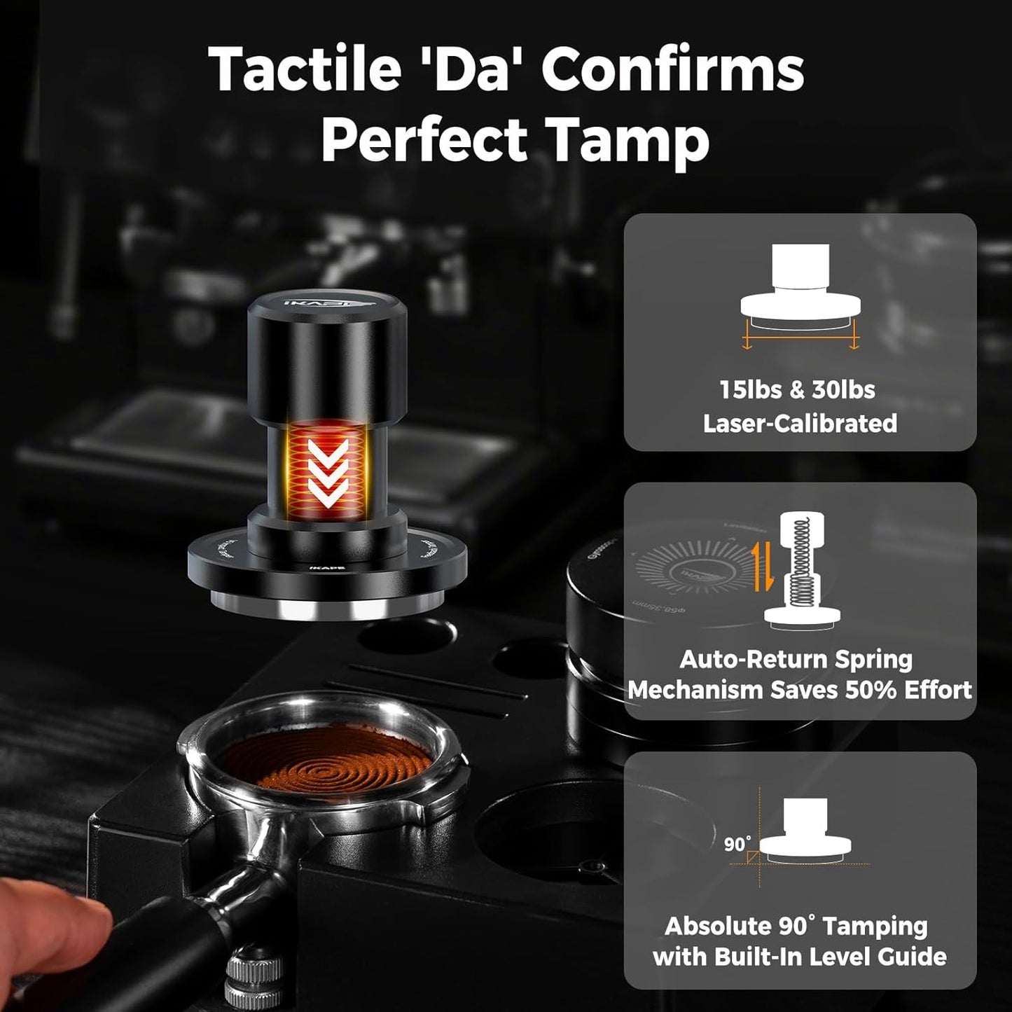 IKAPE 53.3MM V6 Impact Espresso Tamper with Sound Feedback, 15lb/30lb Interchangeable Springs, Espresso Low-Profile Tamper with Triple-spring System, Fits 54mm portafilters