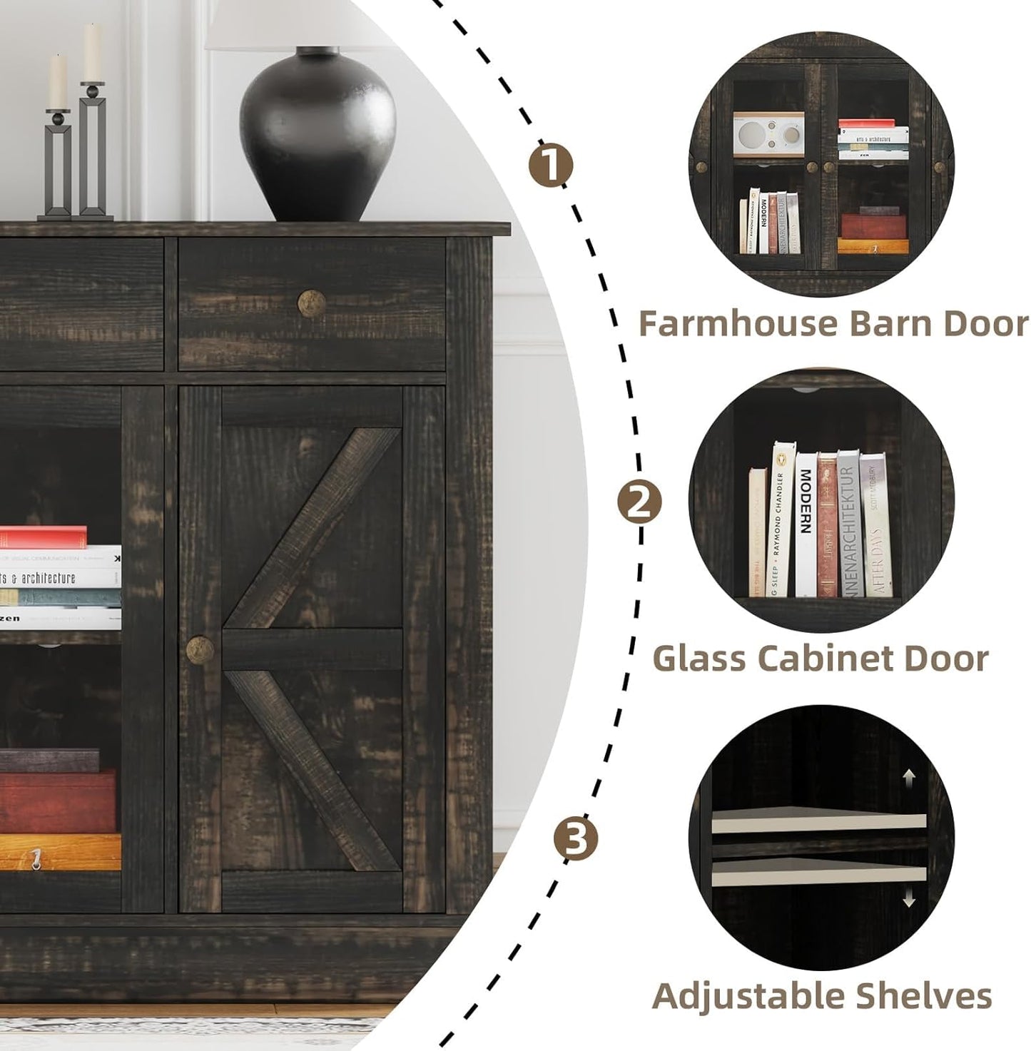 4 EVER WINNER 55" Coffee Bar with 4 Glass Doors and 3 Drawers, Sideboard Buffet Cabinet with Storage, Farmhouse Coffee Bar Cabinet with Adjustable Shelves for Kitchen, Dining Room, Rustic Oak