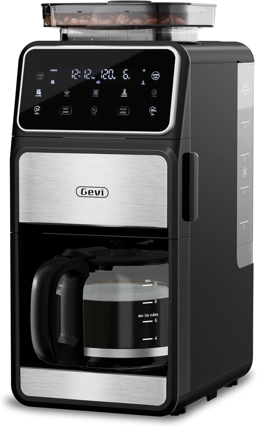 Gevi 10 Cup Drip Coffee Maker with Built-in Grinder, Grind ＆ Brew Burr Combo Coffee Machine with Touch Screen, Programmable, 4-Hour Warm Plate, Permanent Filter, Coffee Carafe