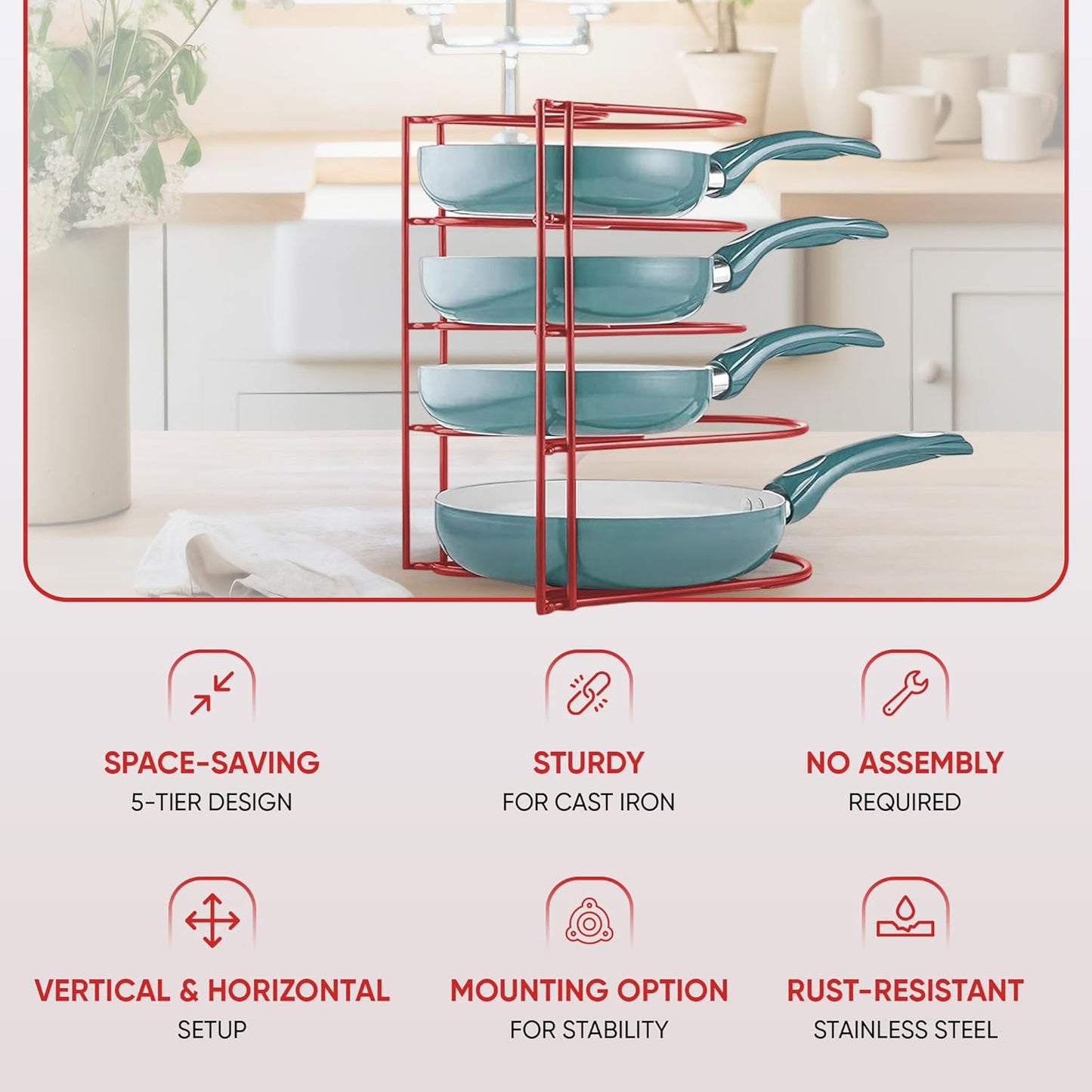 Heavy-Duty Pots and Pans Organizer | 5-Tier Cookware & Lid Storage Rack | Free-Standing or Wall-Mount | Kitchen Organizer for Cast Iron Skillets, Pots, Frying Pans, Lids | Red