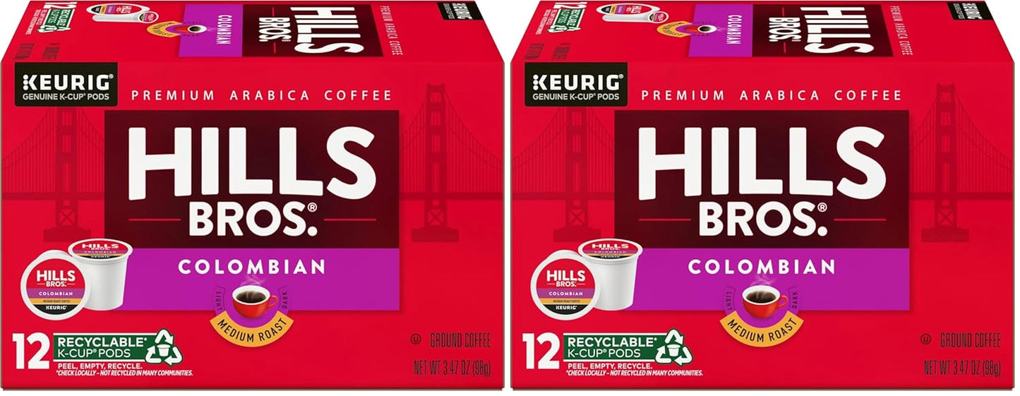 Hills Bros. Colombian Blend Keurig K-Cup Pods for Keurig Brewers – Medium Roast Premium Arabica Blend, Kosher – 2 Pack of 12 Single Serve Pods