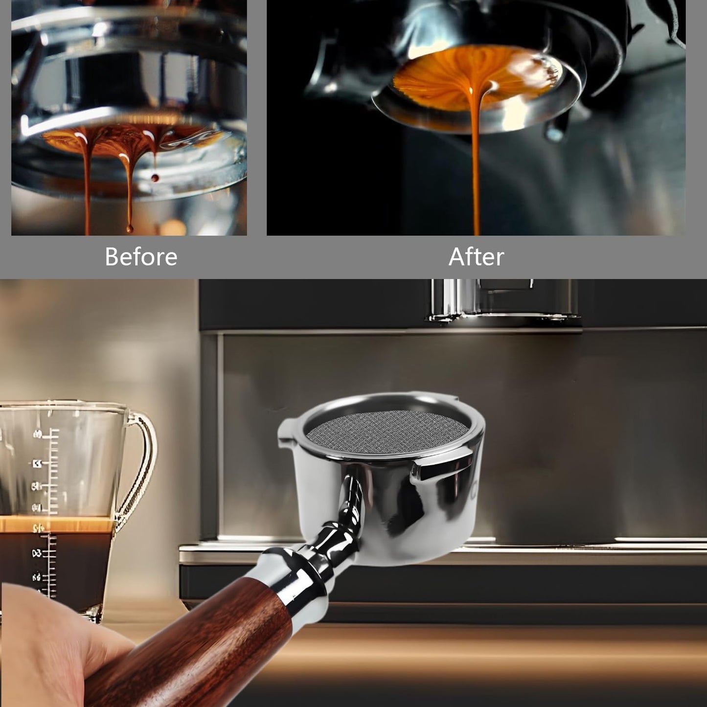 54mm Bottomless Portafilter 3 Ears Stainless Steel Espresso Portafilter Compatible with Puck Screen,Brush and Sandalwood Handle