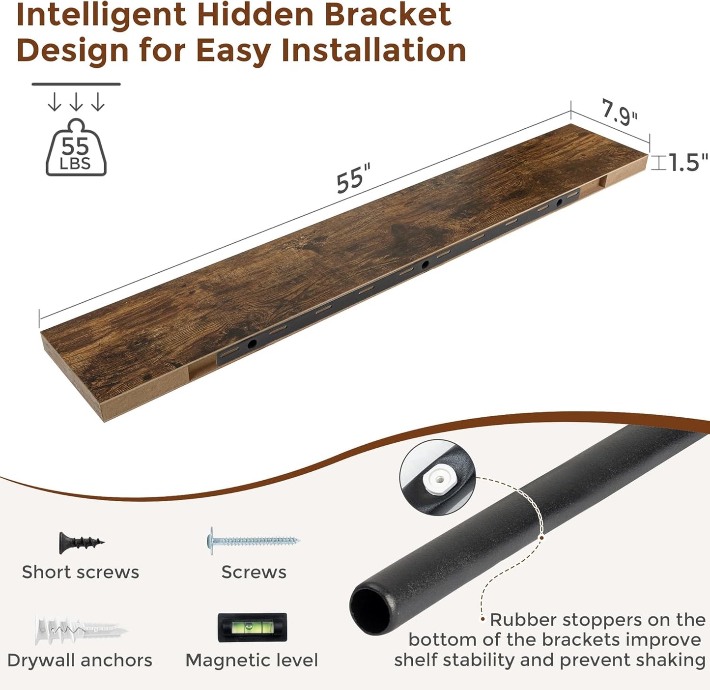 Heimlove 55 Inch Floating Shelves for Wall 8 Inch Deep Rustic Brown Shelves Set of 2,Wall Mounted Rustic Wood Long Floating Shelf，Large Extra Display & Storage Shelf with Invisible Brackets