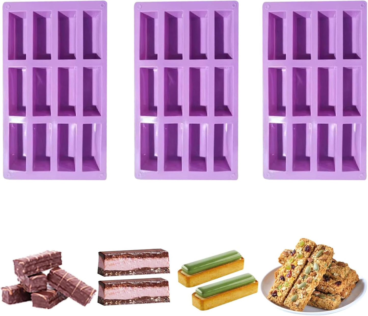 3Pcs oat bar mold - 12rectangle silicone molds - Chocolate silicone mold for baking candies/energy bars, cheesecake, dried fruit cereal cookies (3, purple)