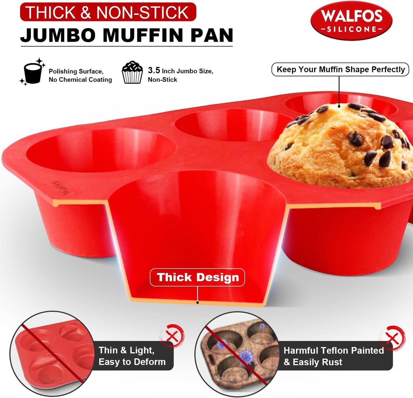 Walfos Silicone Texas Muffin Pan - 6 Cup Jumbo Silicone Cupcake Pan, Non-Stick, Just PoP Out! Perfect for Egg Muffin, Big Cupcake - BPA Free and Dishwasher Safe