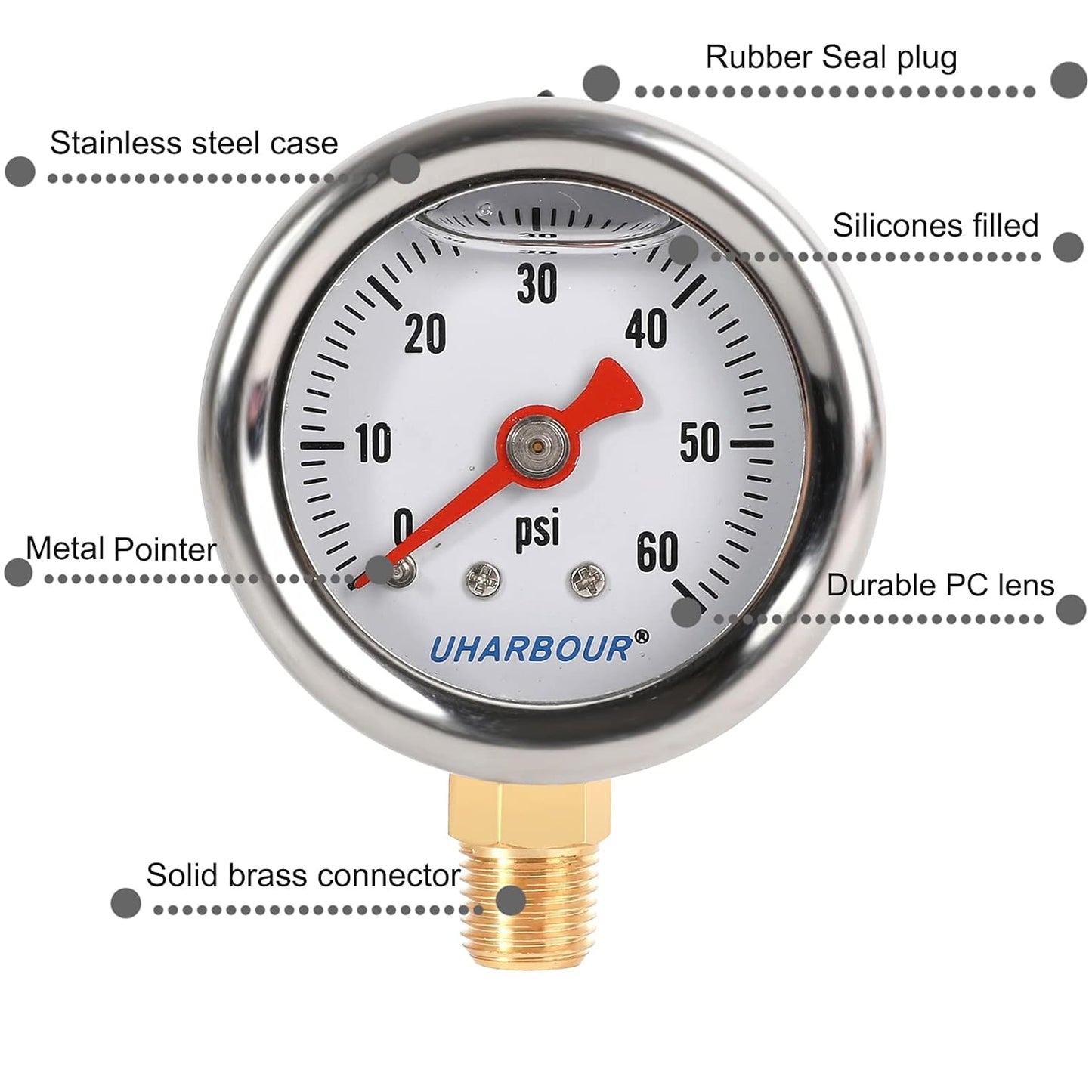 Glycerin Filled Pressure Gauge with 304 Stainless Steel Case, 1-1/2" Dial Size, 0-60Psi, High Accuracy, 1/8" NPT Center Lower Mount