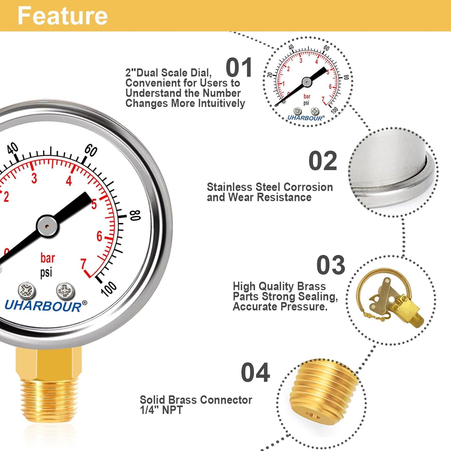 Lead-Free Pressure Gauge 1/4 NPT 0-100 Psi 2" Dial Stainless Steel Case, 1/4 NPT Lower Mount Pressure Gauge