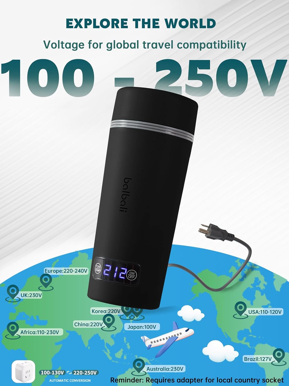 balbali Dual Voltage Travel Kettle 100-250V - 12oz Portable Water Boiler/Warmer/Heater for Boiling Water - 4 Preset Temperature Control Portable Tea Kettle Electric Travel - Black