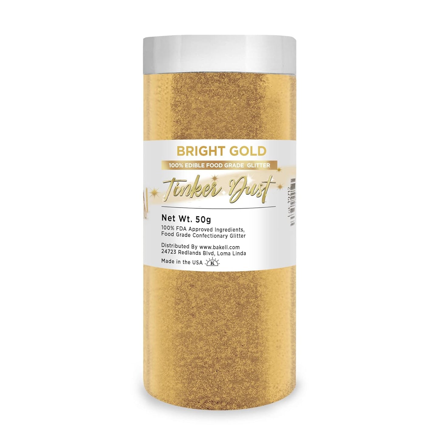 BAKELL Bright Gold Edible Glitter, 50 Grams | TINKER DUST Edible Glitter | KOSHER Certified | 100% Edible Glitter | Cakes, Cupcakes, Cake Pops, Drinks, Dessert Vegan Glitter & Dusts (50g, Bright Gold)