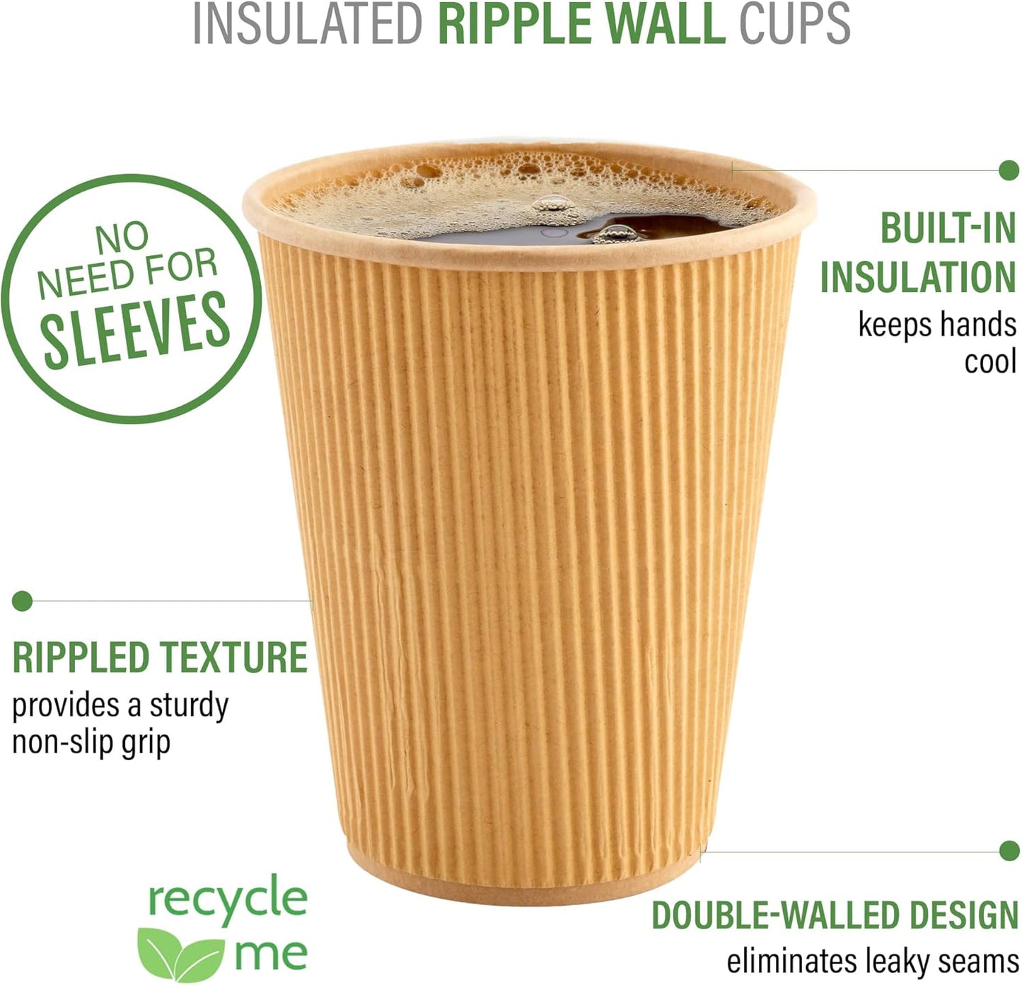 Restaurantware 16 Ounce Ripple Wall Disposable Coffee Cups, 500 Insulated Kraft Paper Tumblerss with Rolled Rim Design, Lids Sold Separately for Hot Drinks like Tea, Hot Chocolate and More
