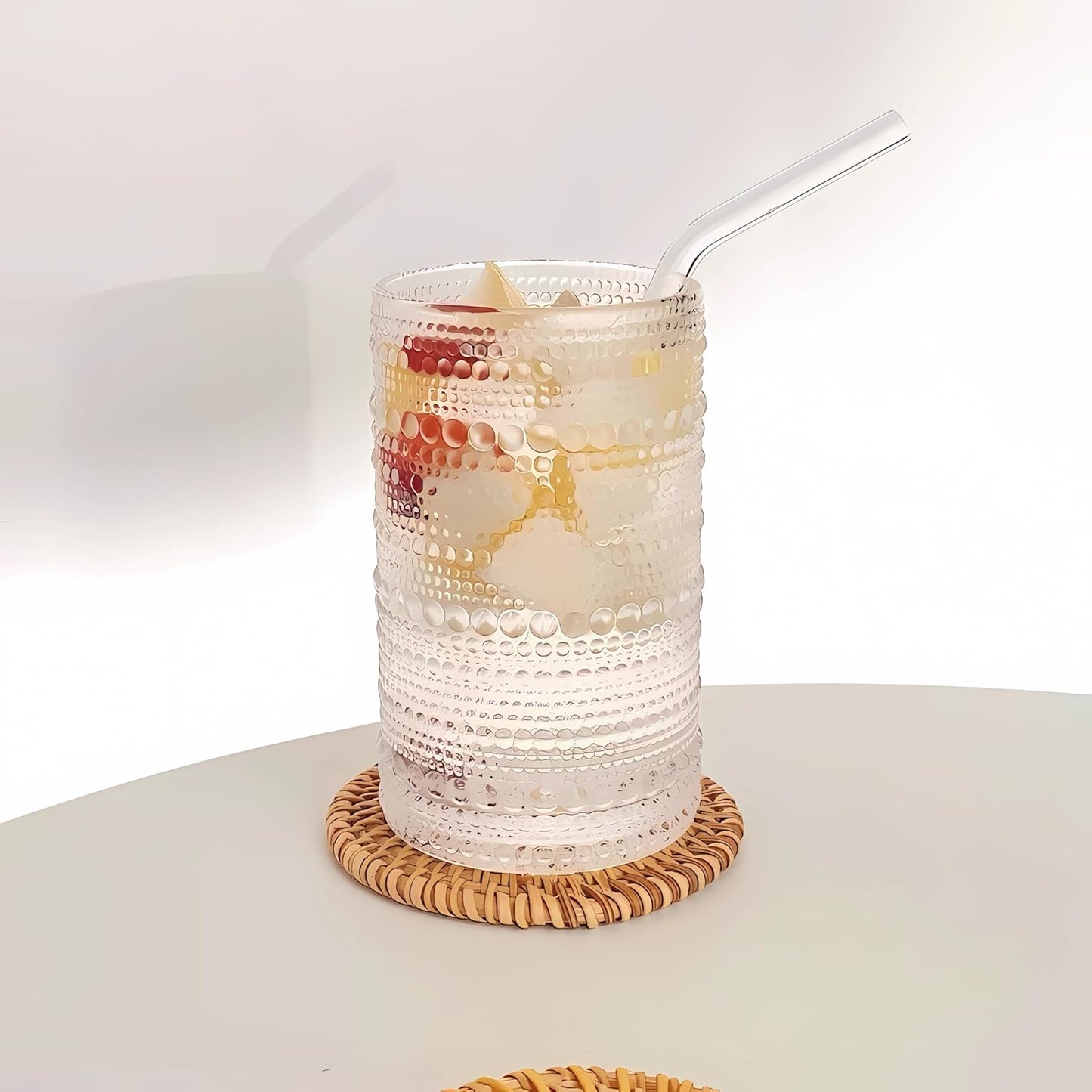 2 Pcs Iced Coffee Glasses Cups with Glass Lids and Straws,12 oz Thick Emboss Beaded Drinking Glass Cup Set,Latte Glasses,Ideal for Water,Soda,Gift - with Cleaning Brushe