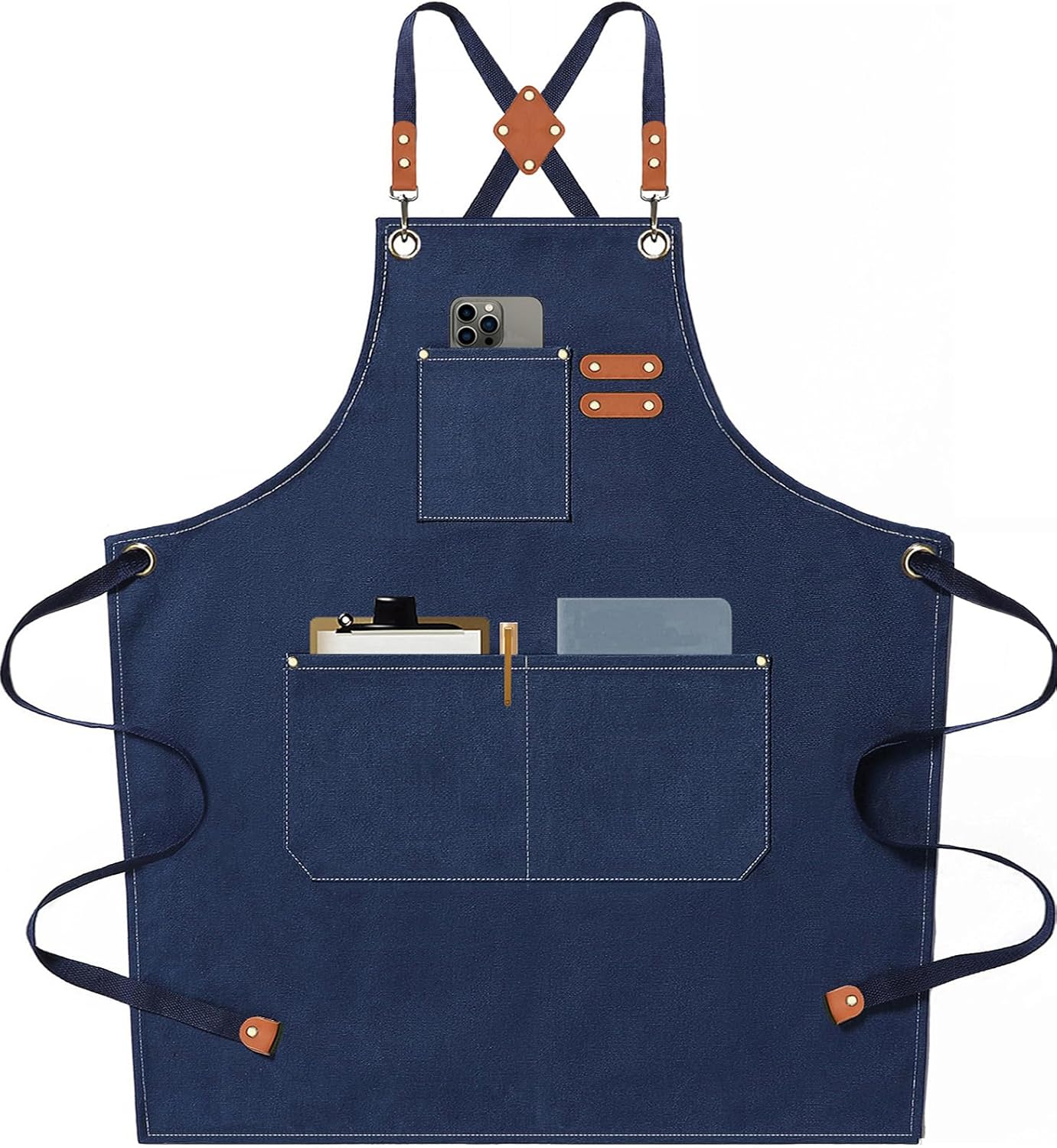 AFUN Chef Aprons for Men Women with Large Pockets, Cotton Canvas Cross Back Heavy Duty Adjustable Work Apron, Size M to XXL (Darkblue)