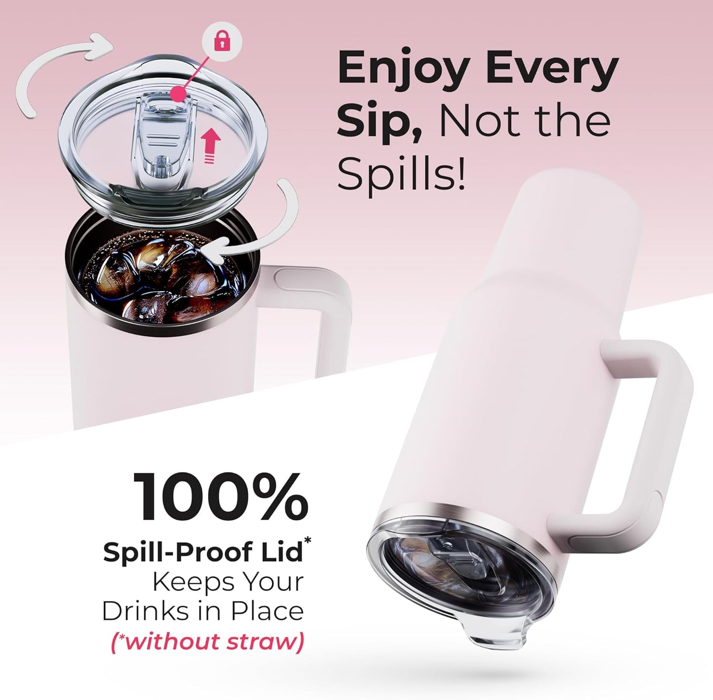 40 oz Tumbler With Handle and Straw Made of Stainless Steel - Double Wall Vacuum Insulated Tumbler With Lid - Sweat Proof Easy Grip, BPA-Free, Dishwasher Safe Tumbler (Rose Quartz)