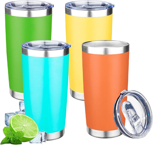 20oz Tumbler with Lid Double Wall Vacuum Insulated Travel Coffee Mug Stainless Steel Thermal Cup Powder Coated Sturdy Coffee Tumbler Bulk for Hot and Cold Beverages (Green-Teal-Orange-Yellow,4)
