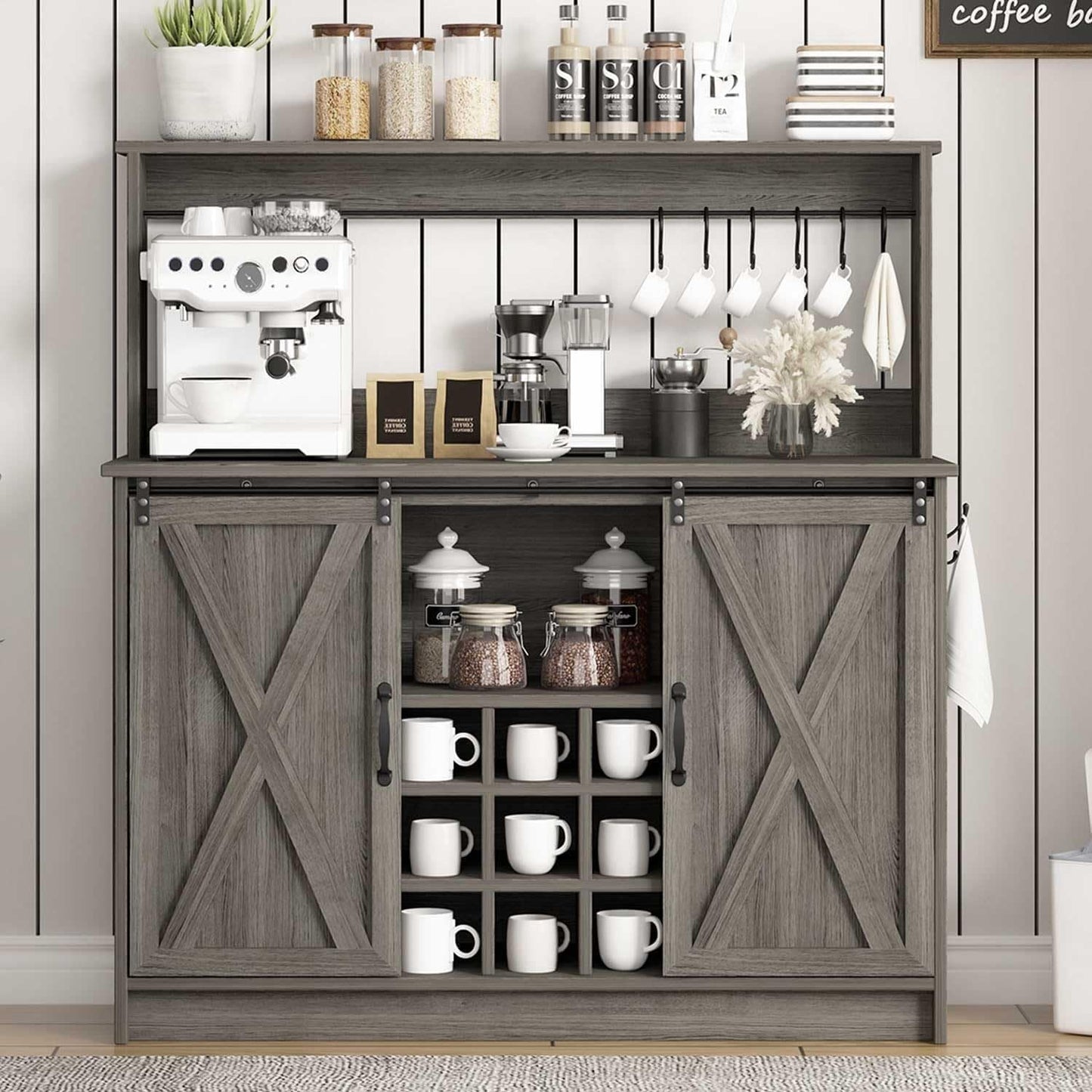 4ever2buy Farmhouse Coffee Bar Cabinet with Hutch and 6 Hooks, 47 Inch Wine Bar with Storage, Buffet Cabinet with Adjustable Shelves&9 Wine Racks, Kitchen Buffet Cabinet for Dining Living Room, Grey