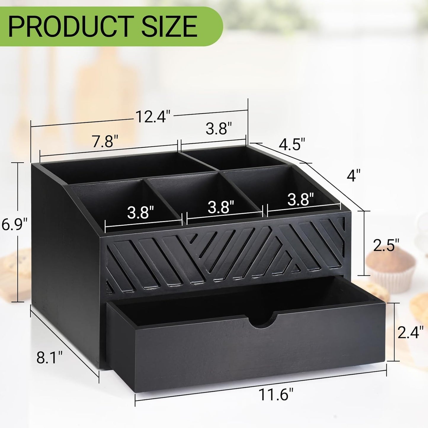 Farmhouse Coffee Bar Organizer - Wooden Countertop Station With Drawer, Pods Holder & Storage Basket