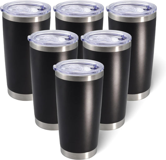 20oz Tumbler Bulk Stainless Steel Tumblers with Lid Vacuum Insulated Double Wall Travel Coffee Mug Powder Coated Tumbler Cup for Hot and Cold Drinks(Black, 6 pack)