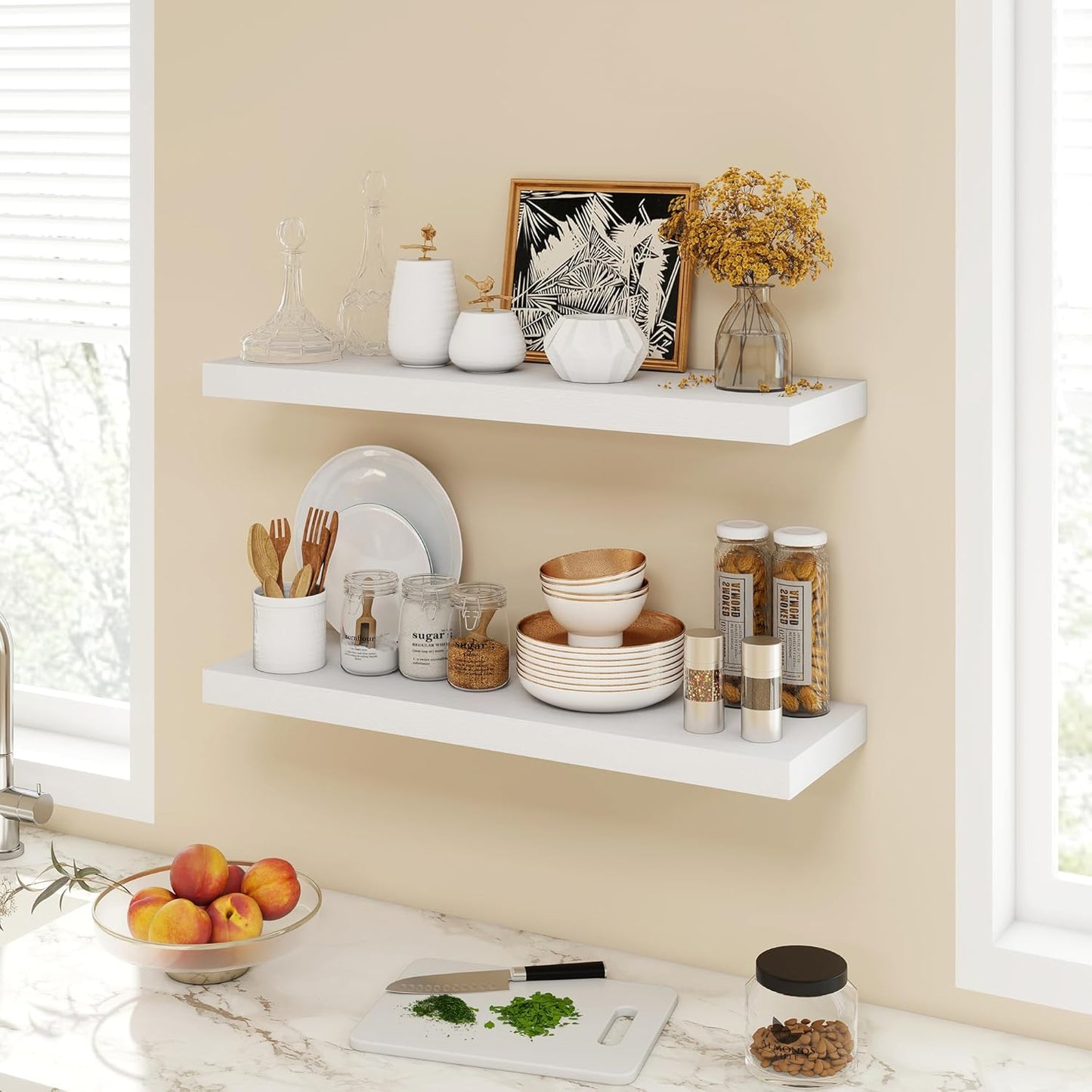 30 Inch Floating Shelves, 9.3" Deep Floating Shelf Wall Mounted, 30" Wall Shelves, Rustic Deep Bookshelf, Large Display Shelves & Storage Shelves for Bedroom, Living Room, White, Set of 2