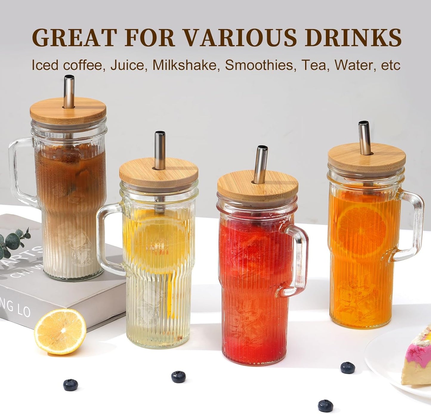 24Oz Ribbed Glass Tumblers with Lids and Straws, Glass Tumbler with Handle, Vintage Glass Cups Thick Drinking Glasses Set of 4, Ideal for Iced Coffee, Smoothies, Cocktails, Tea and Juices