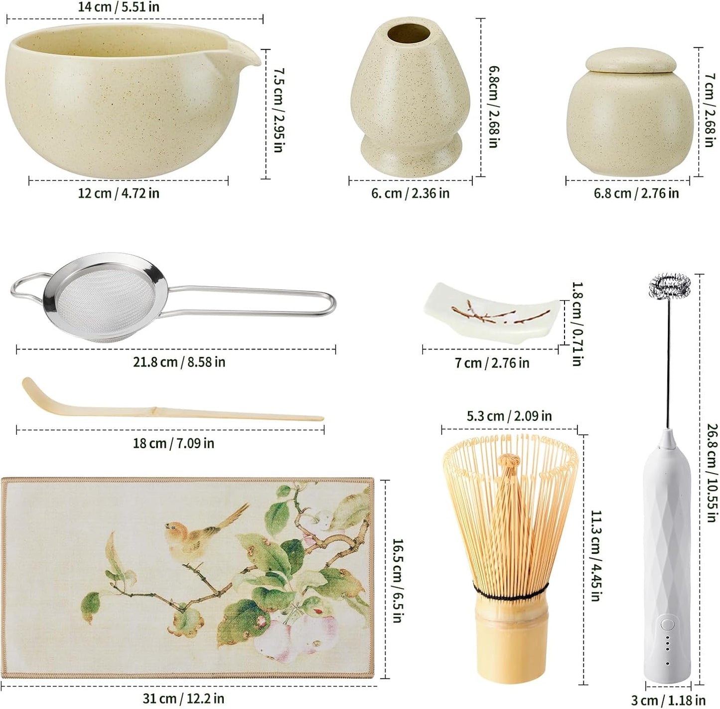 Matcha Whisk Set,9 Pcs Japanese Matcha Set, Matcha Kit with Sifter, Matcha Tea Cloth, Matcha Powder Canister, Electric Rechargeable Frother(Mottled Beige)