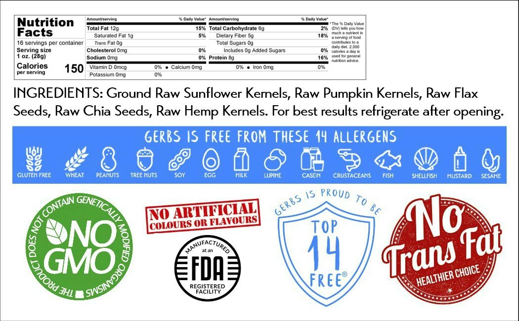 Gerbs Super 5 Seed Meal 1 lb. | Finely Ground, No Additives, Resealable Bag | Hearty & Nutty Texture for Baking & Smoothies | Top 14 Allergen-Free