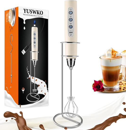 YUSWKO Beige Handheld Milk Frother Wand with Stand for Coffee, Rechargeable Electric Whisk with 3 Heads 3 Speeds Drink Mixer Coffee Frother For Latte, Cappuccino, Hot Chocolate, Egg