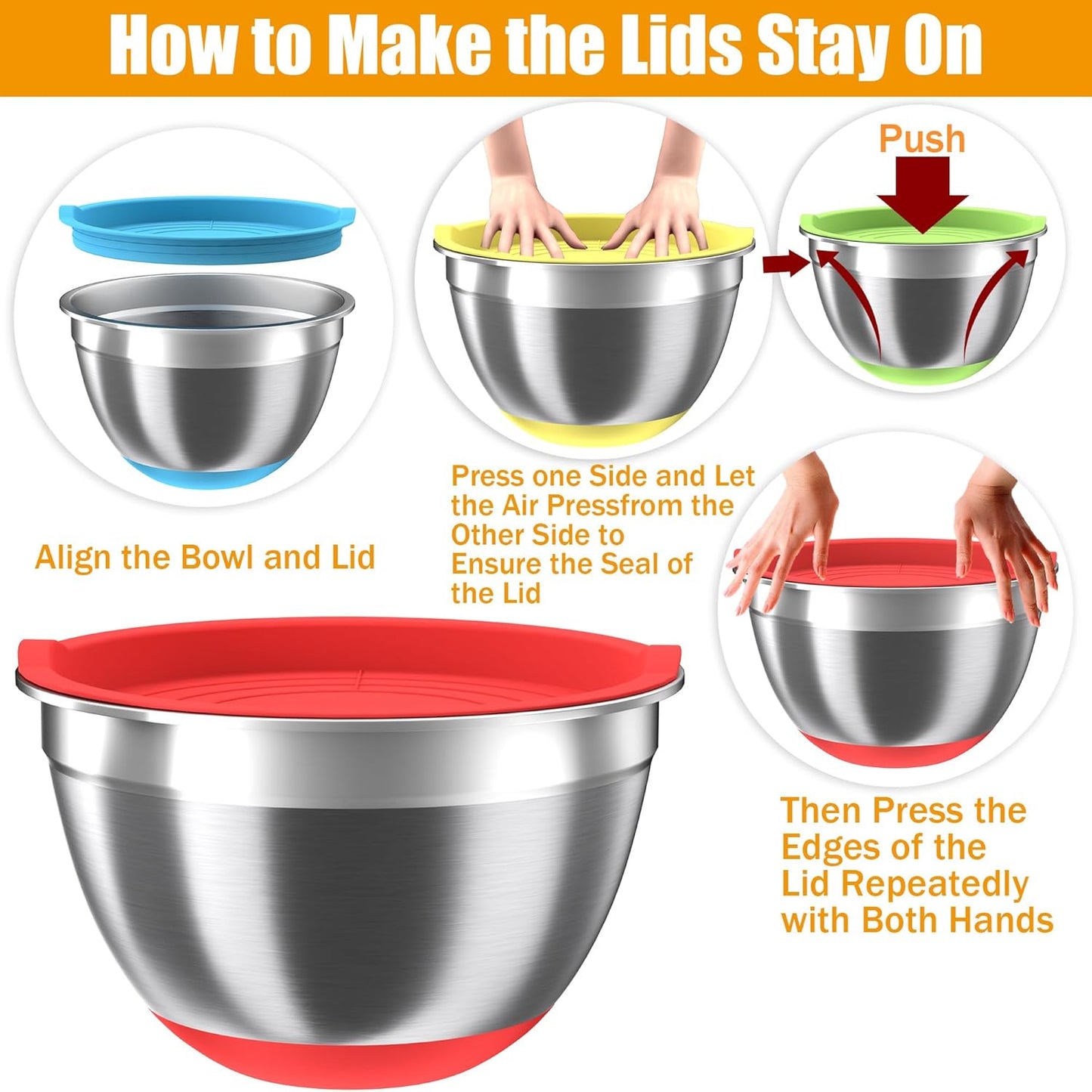 Mixing Bowls with Airtight Lids Set, 4 Stainless Steel Bowls Nesting Bowls & Colander, Kitchen Organizers and Storage Non-Slip Bottom, Size 1.5/2.0/2.5/4.5QT, Great for Mixing & Serving, Multicolor