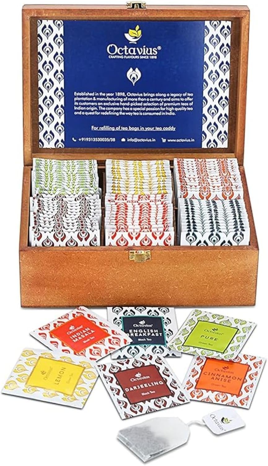 Octavius Gift's Select - Assorted Tea in Lotus Printed Wooden Box | 6 Flavors, 90 Tea Bags | Black & Green Tea | Tea Gifts for Women & Men | Tea Variety Pack | Mothers Day Tea Gift Box