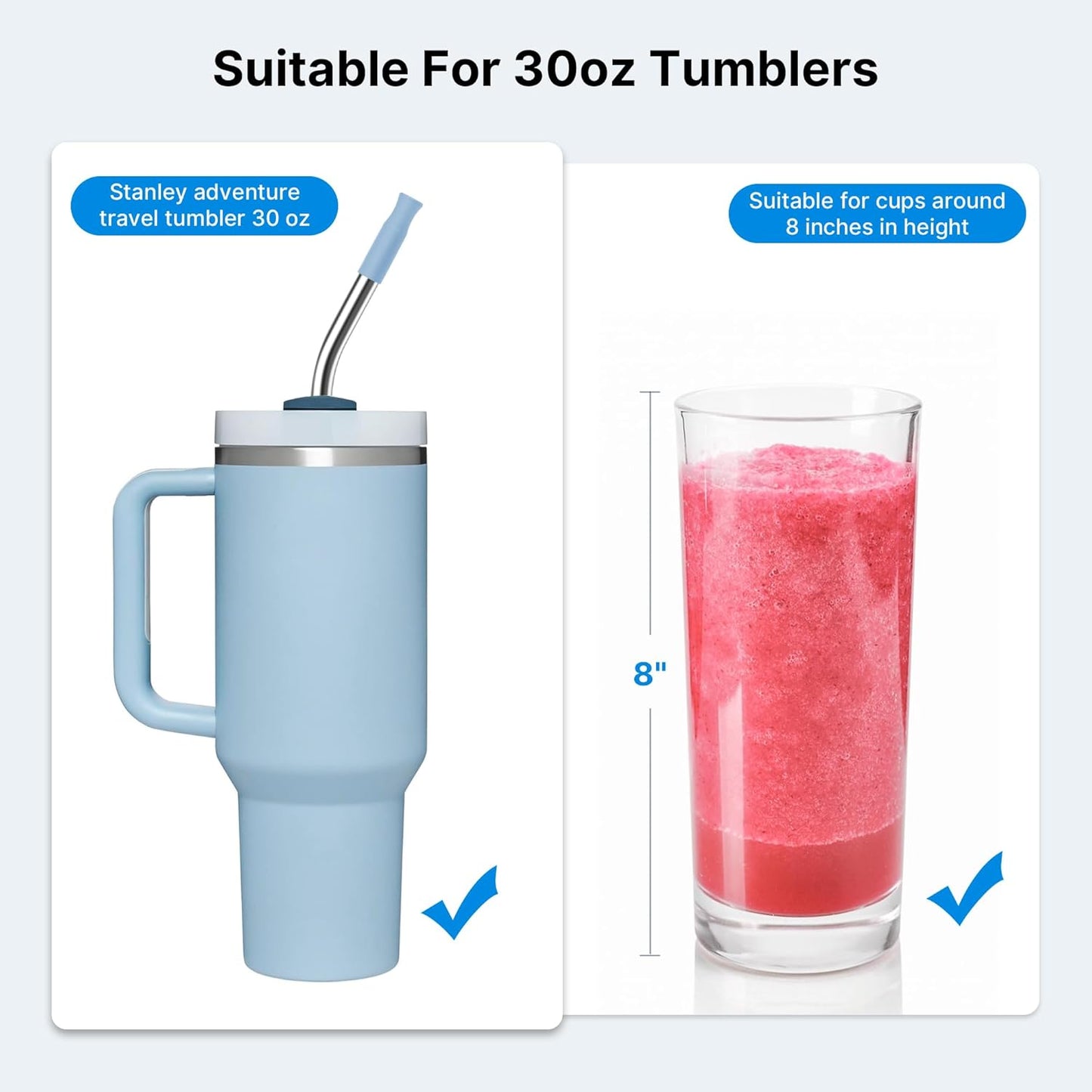 2 Pcs Stainless Steel Straw with Silicone Tips for 30 oz Stanley Tumbler, Repeatable 30 oz Metal Straws for Stanley Adventure Quencher Travel Tumbler Cup, BPA Free（Light Blue）