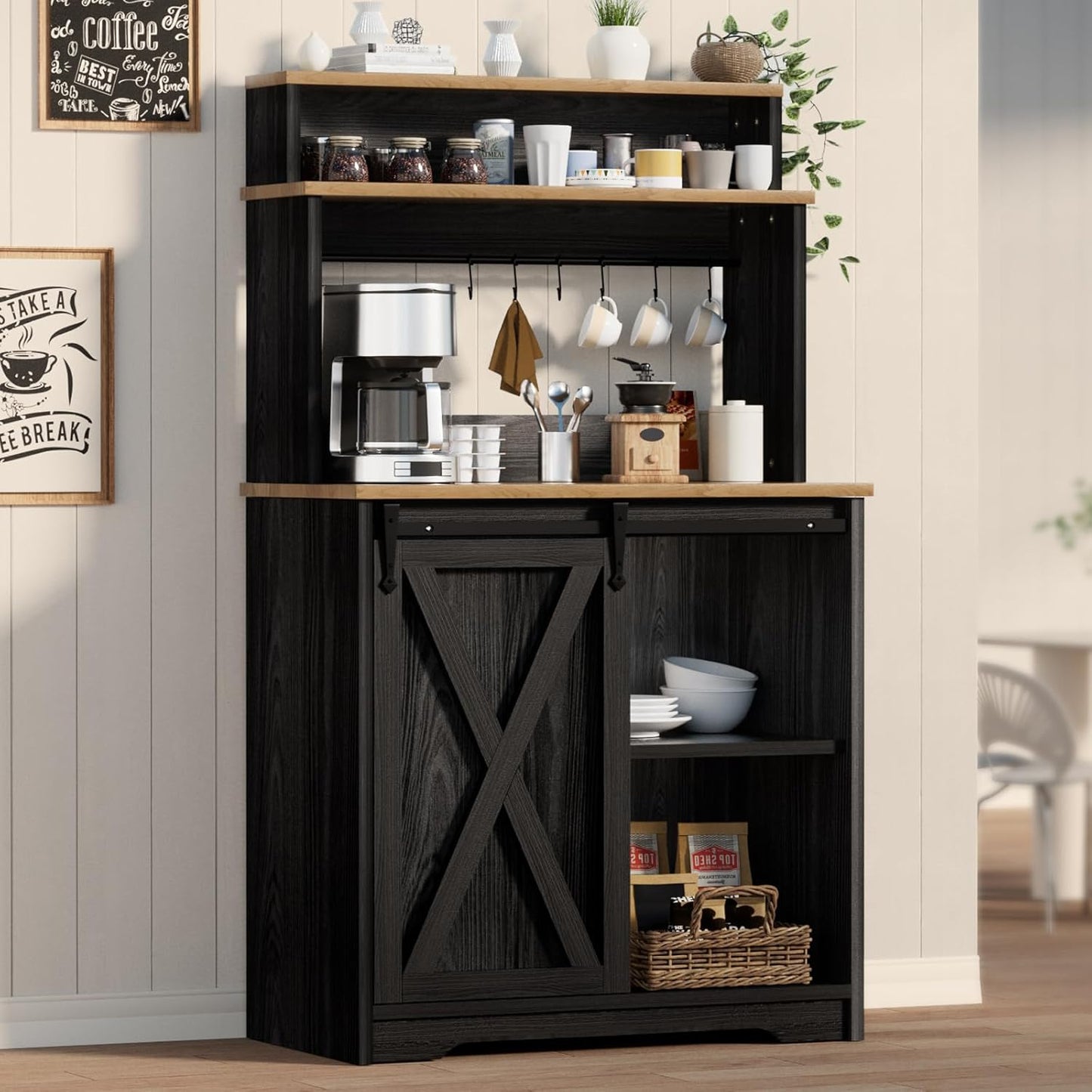 Farmhouse Coffee Bar with 3 Tier Storage Hutch, 56 Inch Small Bar Station with 6 Hooks, Corner Table with Adjustable Shelves for Living Dining Room (Black)