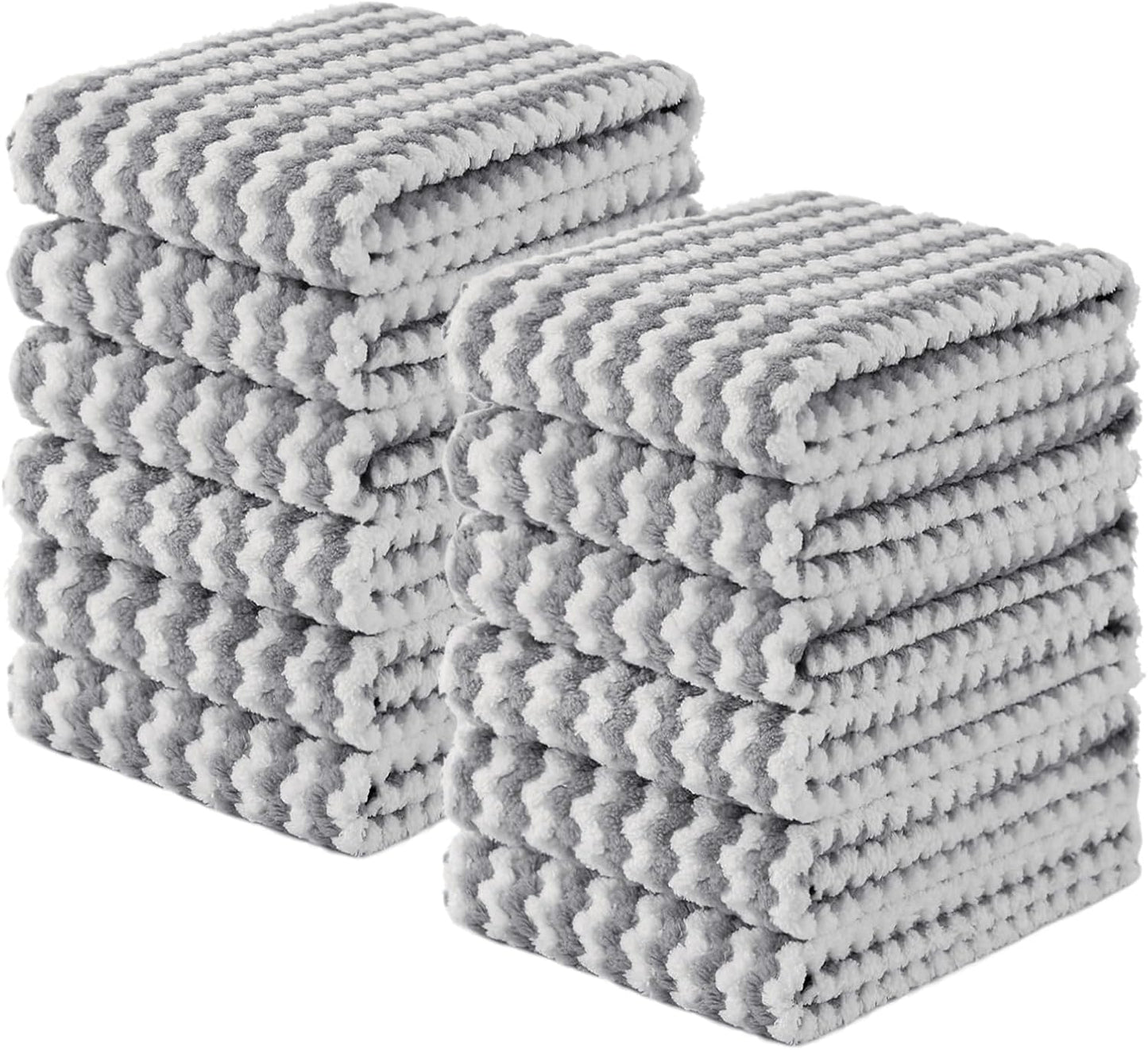 Homaxy Kitchen Towels(12 Pack, 10 x 20 inches), Ultra Soft and Absorbent Dish Towels, Reusable Fast Drying Microfiber Cleaning Cloth, Coral Velvet Wave Design No-lint, Grey