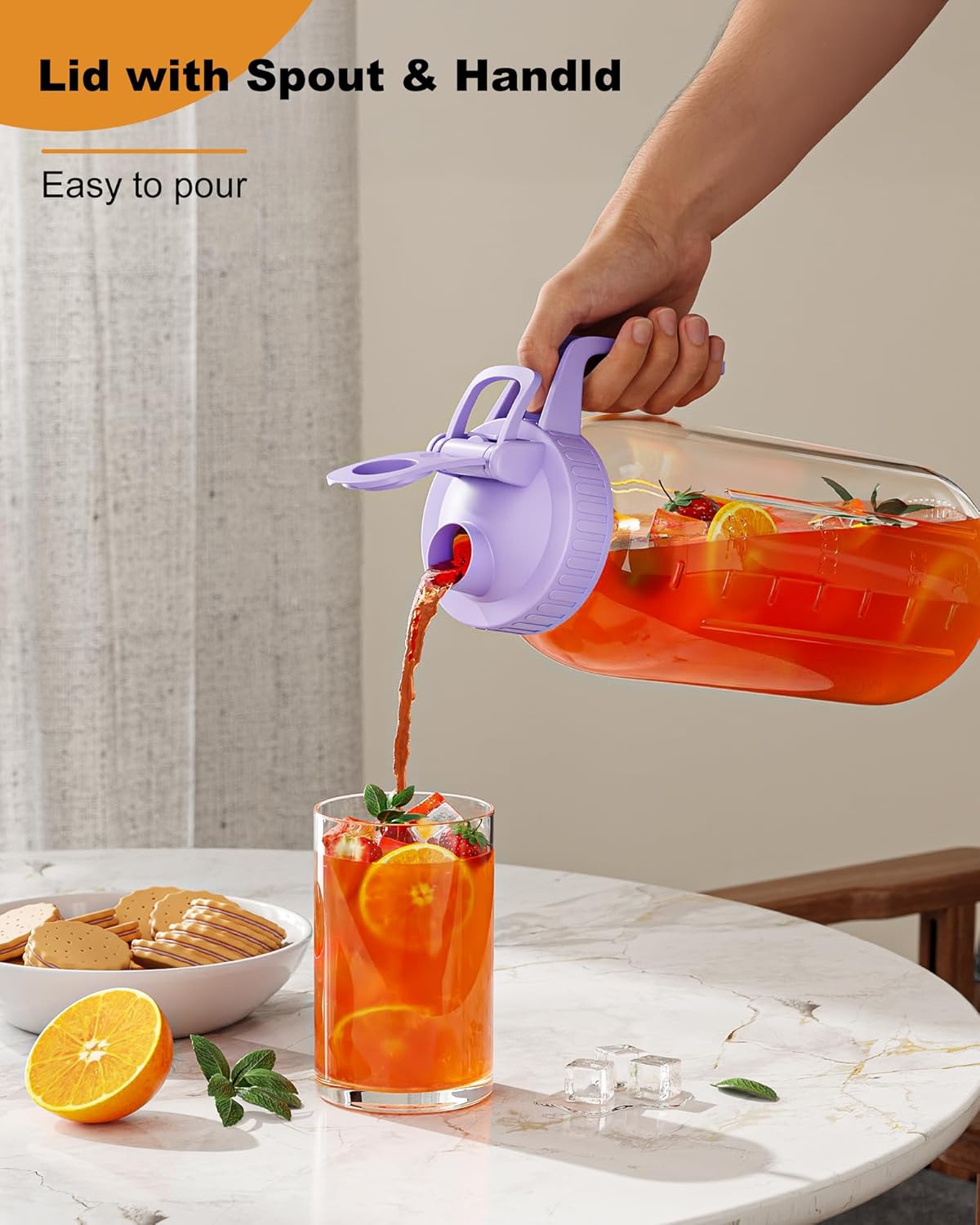 64oz Glass Mason Jar Pitcher with Lid Wide Mouth, 2 Quart Leakproof Glass Water Jug for Juice, Sun Iced Tea, Cold Brew Coffee, Milk Storage, Purple