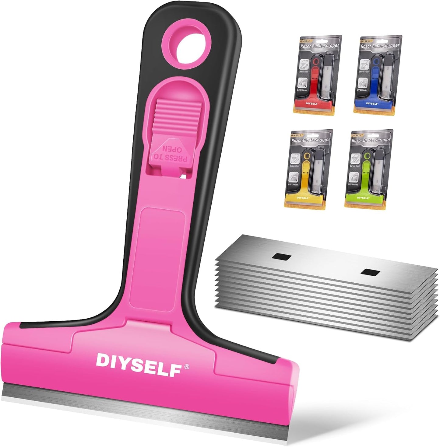 DIYSELF 1 Pack Razor Blade Scraper, Window Scraper with Razor Blade, Razor Scraper Tool for Glass, Scraper Tool Kitchen for Cleaning Stovetop, Cooktop, Oven, Paint Scraper with 10 PCS 4'' Blades