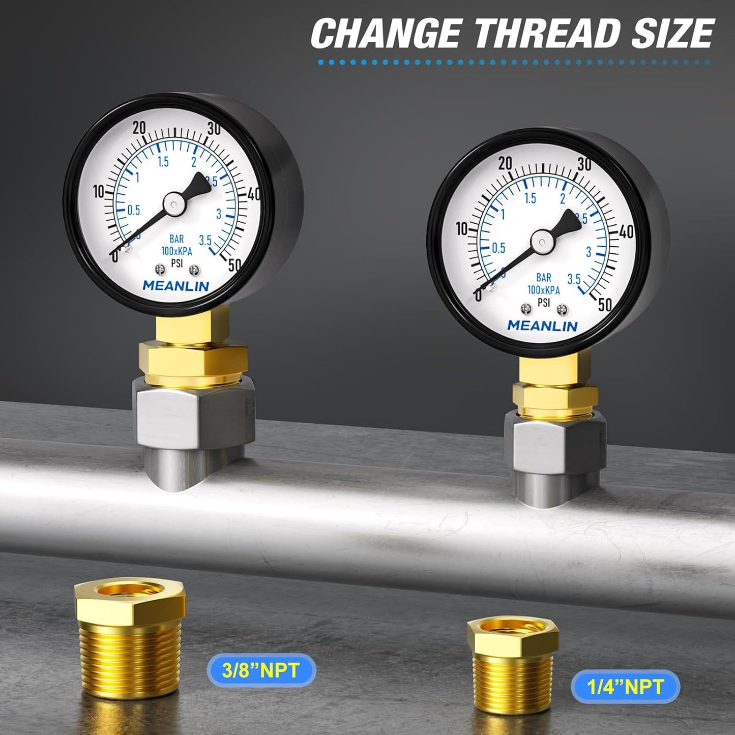 MEANLIN MEASURE 0-50Psi 2" DIAL FACE 1/8" NPT Well Pump Pressure Gauge, with 1/4" NPT and 3/8" NPT Hex Bushing, 3-2-3% Accuracy, Lower Mount
