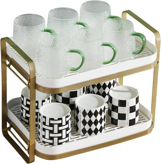 CYEAH 2-Tier Cups Mugs Drying Rack with Removable Drain Tray, Multi-Functional Storage Organizer Shelf, Kitchen Countertop Tray for Water Coffee Glass Cup Bowls Food and Seasoning Jar Holder