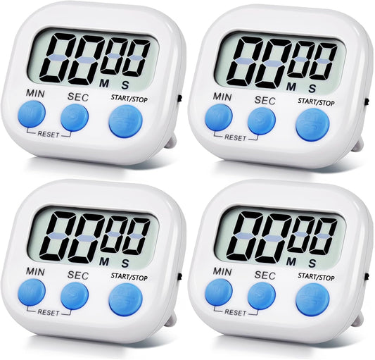 4 Pack White Digital Kitchen Timer Magnetic Digital Timer with Big Display Loud Ring Cooking Timers for Cooking, Game, Gym, Break Time, Classroom (4, White)