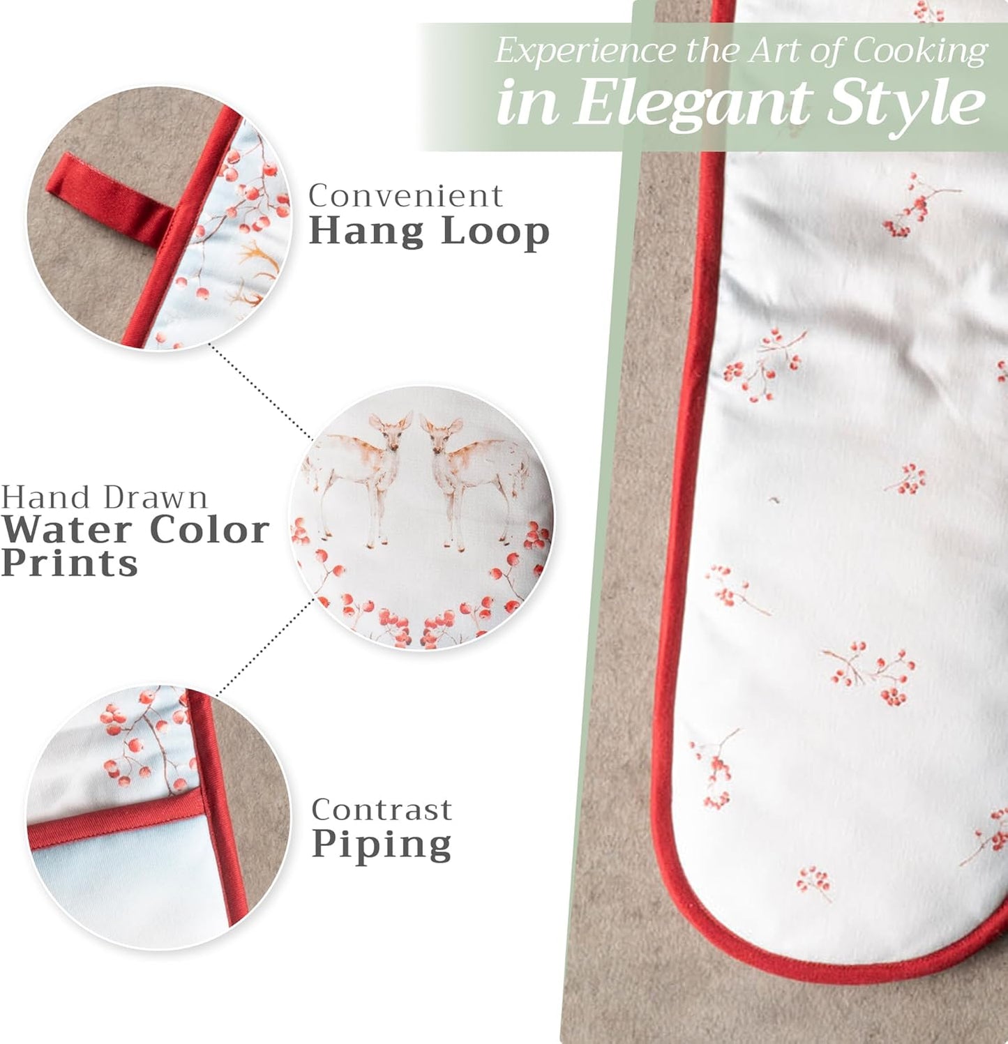 Maison d' Hermine Double Oven Mitt 100% Cotton Heat Resistant Cooking Gloves with Loop, Baking Barbeque, Handling Hot Pan, Fairytale Forest - Thanksgiving/Christmas (7 Inch x 35 Inch)