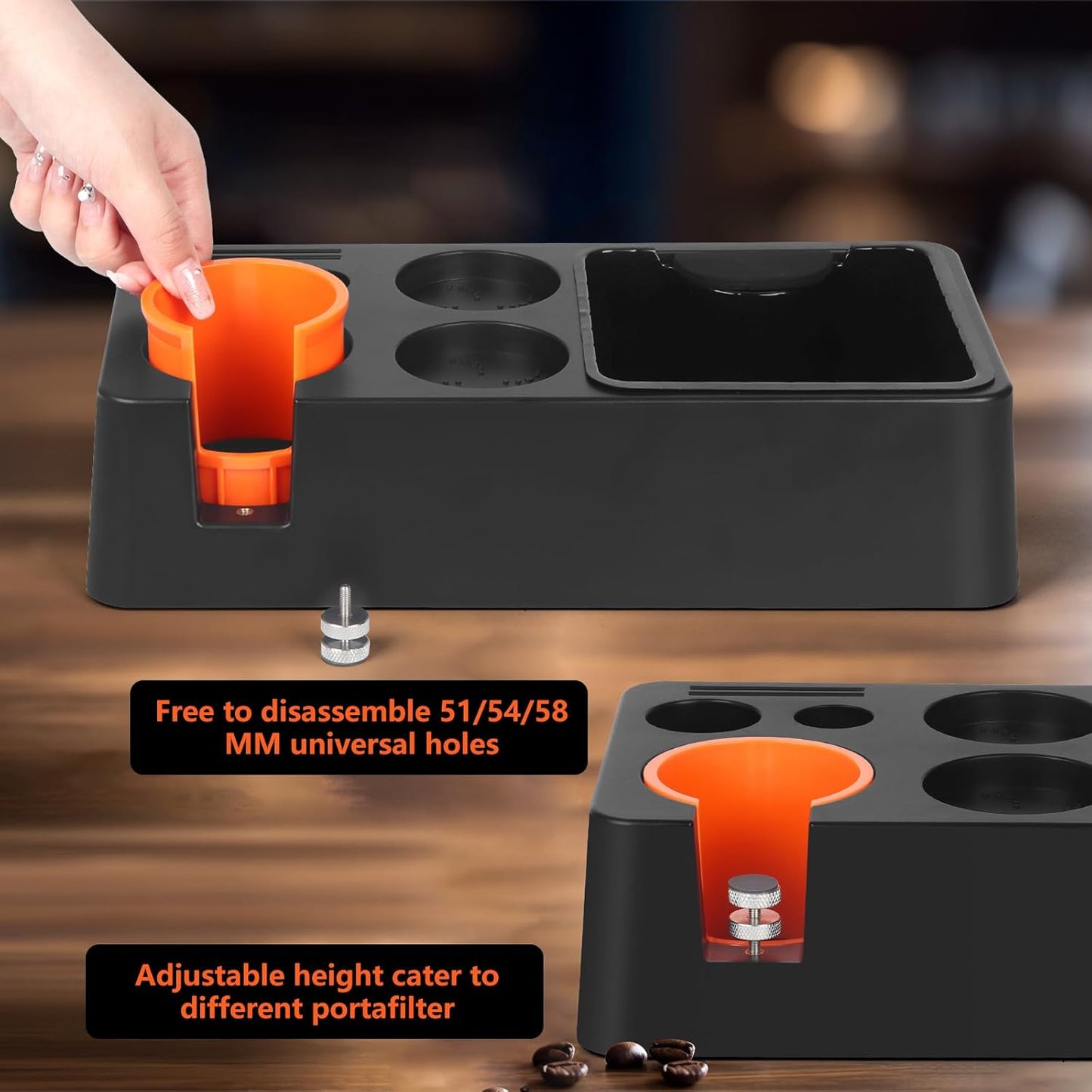Espresso Knock Box with Storage – 3-in-1 Coffee Organizer & Espresso Tamping Station for 51mm, 53mm, 58mm Tamper – Non-Slip Base, Removable Knock Bin – Barista Accessories Holder for Espresso Machine
