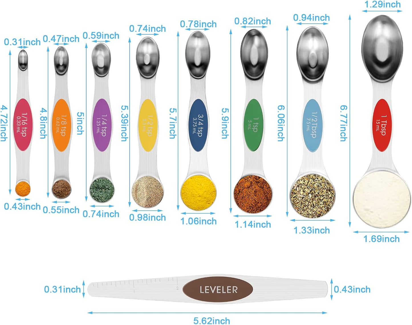 Aovchei 9 PCS Magnetic Measuring Spoons Set, Dual Sided, Stainless Steel Small Tablespoon, Teaspoons, Fits in Spice Jars, for Dry and Liquid, MultiColor