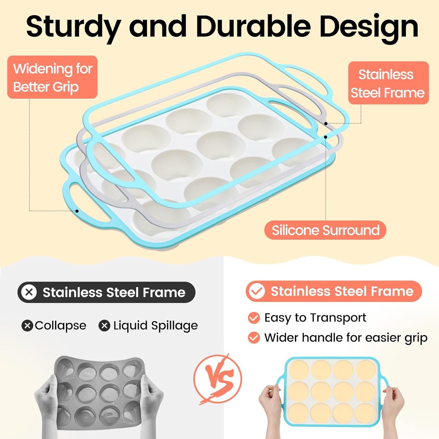 Silicone Muffin Pans for Baking 1 Pack, 2.6 Inch with Metal Reinforced Frame, Regular Size Nonstick Cupcake Pan 12 Cups for Baking Homemade Muffins, Dishwasher Safe BPA Free-Blue