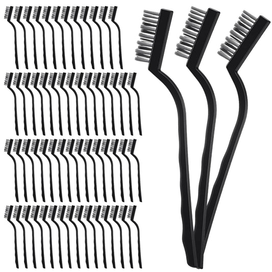60 Pcs Mini Wire Brush Set Stainless Steel Wire Bristle Small Metal Scratch Brush for Cleaning Curved Handle Masonry Welding for Cleaning Welding Slag and Rust Tool, Black, 6.7 Inches